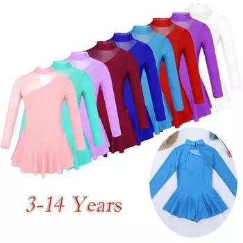 Платье для девочек по фигурному катанию на льду с длинными рукавами, фатиновая складка с вырезом-замочной скважиной сзади, балетный купальник для катания на роликах, танцевальный костюм 3-4 Years чёрный