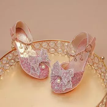 Платье для девочек Подвеска на высоких каблуках Блестящие кожаные туфли для свадебной вечеринки Блестящие стразы с бантом Детские туфли на высоком каблуке 26 розовый