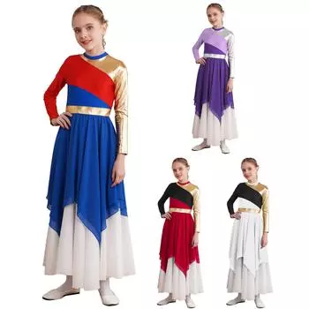 Платье для девочек «Praise Lyrical Dance» с длинным рукавом, асимметричным шифоновым подолом, контрастный дизайн, костюм для выступлений 5-6 Years королевский синий