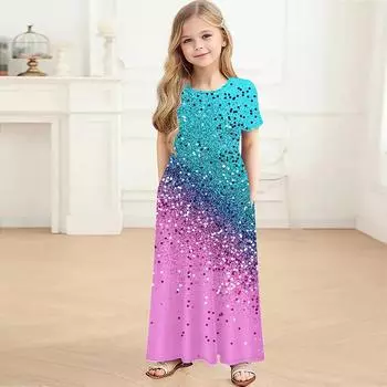 Платье для девочек с 3D принтом Лето Повседневные Милые Повседневные милые детские платья трапециевидной формы Длинное платье с короткими рукавами 110 синий