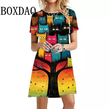 Платье для девочек с 3D принтом мультфильма и милым котом, летние женские элегантные вечерние платья трапециевидной формы в стиле каваи, повседневное мини-платье с короткими рукавами и круглым вырезом S