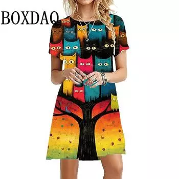 Платье для девочек с 3D принтом мультфильма и милым котом, летние женские элегантные вечерние платья трапециевидной формы в стиле каваи, повседневное мини-платье с короткими рукавами и круглым вырезом S