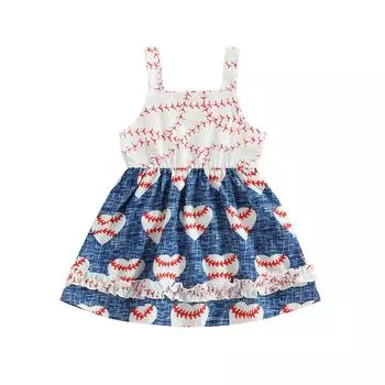 Платье для девочек с бейсбольным принтом и без рукавов. Летнее модное платье-трапеция с оборками и оборками. 90 синий/белый