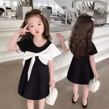 Платье для девочек с большим бантом, черный, белый цвет, детские летние платья с короткими рукавами, повседневный детский костюм 2T чёрный
