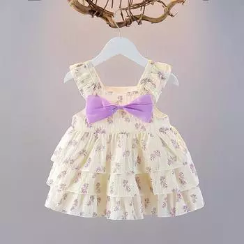Платье для девочек с цветочным принтом и бретельками через шею, летнее модное платье-торт, детское платье принцессы M(90cm)