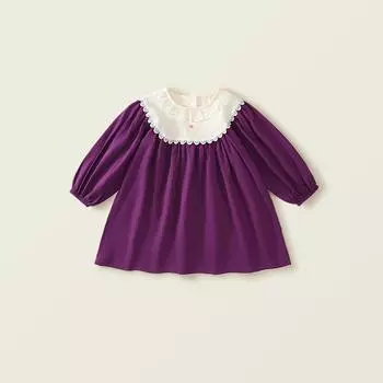 Платье для девочек с длинными рукавами из фиолетового кружева, осень 2024 г., новое детское платье принцессы во французском стиле в стиле ретро 90cm фиолетовый