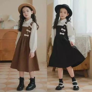 Платье для девочек с длинными рукавами, из двух частей, на подтяжках - стильная юбка на весну/осень для детей 160 cm хаки