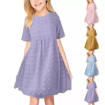 Платье для девочек с круглым вырезом и высокой талией, с коротким рукавом, модная милая длинная юбка 110 светло-фиолетовый