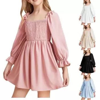 Платье для девочек с квадратным вырезом, рукавами и расклешенным подолом, вечернее платье 100 бежевый