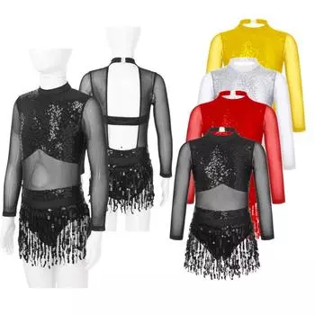 Платье для девочек с пайетками и кисточками для латиноамериканских джазовых танцев, с длинным рукавом, сетчатый балетный гимнастический купальник, костюм для катания на коньках 5-6 Years чёрный
