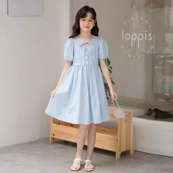 Платье для девочек с рукавами-фонариками из кружева и хлопка - коллекция Лето 2025, юбка с коротким рукавом для больших и маленьких девочек 160 cm светло-синий