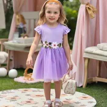 Платье для девочек с сетчатым рукавом и ребристым поясом с цветочной отделкой 100