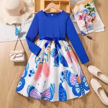 Платье для девочек с синим бантом, летнее платье, милое платье принцессы для детей 130cm синий