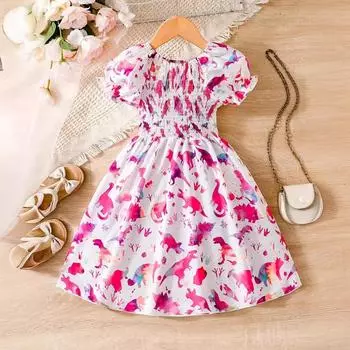 Платье для девочек с талией и принтом динозавра из мультфильма, летнее модное платье для детей 4Y розовый