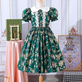 Платье для девочек в стиле Лолиты с воротником-стойкой, детское милое платье с пышными рукавами 8Y зелёный