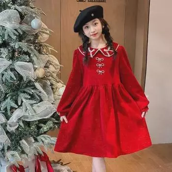 Платье для девочек в стиле принцессы, весна/осень, с кукольным воротником 150 cm красный