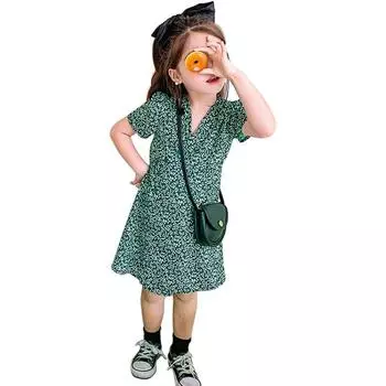 Платье для девочек в стиле ретро с цветочным принтом и короткими рукавами, летнее детское платье 120