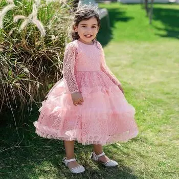 Платье для девочек, вечерние свадебные платья, детские кружевные вечерние платья с длинными рукавами на день рождения, милое элегантное платье принцессы для девочек 80 розовый