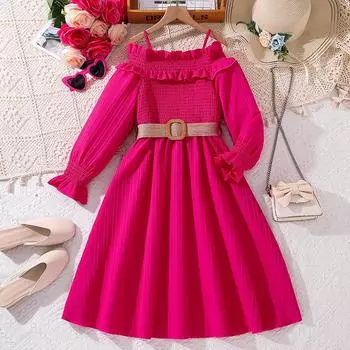 Платье для девочек, весенне-осеннее детское новое платье принцессы на одно плечо с длинными рукавами, юбка для девочек 7-12 лет 130cm/8Y красный