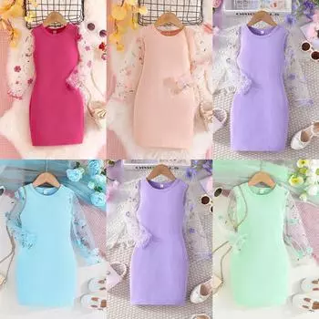 Платье для девочек, весенняя и осенняя детская одежда, сетчатые рукава, модные трикотажные платья с круглым вырезом для девочек 4, 5, 6, 7 лет 7Y фиолетовый