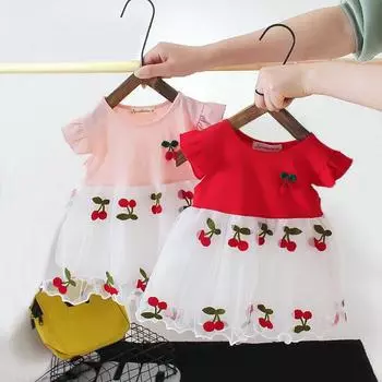 Платье для девочки Детское платье Летнее детское платье с короткими рукавами Лоскутное вышитое газовое платье L