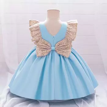 Платье для девочки с большим бантом и пайетками, рождественские костюмы на первый день рождения, платья для девочек-принцесс, платье для подружек невесты с рукавами-крылышками 70 синий