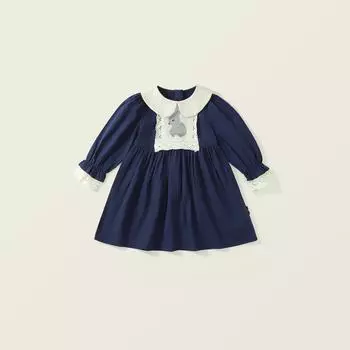 Платье для девочки с кукольным воротником и вышитым кроликом 2024 года, осеннее платье принцессы в корейском стиле с длинными рукавами и темно-синими лацканами 120cm розовый