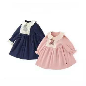 Платье для девочки с вышитым французским воротником в виде кролика, осень 2024 года, с длинными рукавами, темно-синяя юбка для колледжа, ткань принцессы 90cm