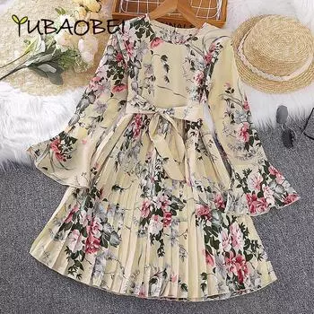 Платье для девочки Весеннее повседневное платье с рукавами-колокольчиками и цветочным принтом Модное детское плиссированное платье Детская юбка 120cm бежевый