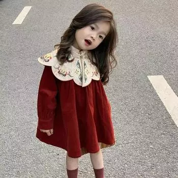 Платье для девочки в китайском стиле с вышитым воротником в виде облака на плечах, подходящее к осени и зиме, шаль, винтажный плащ, пончо для малыша 120cm красный