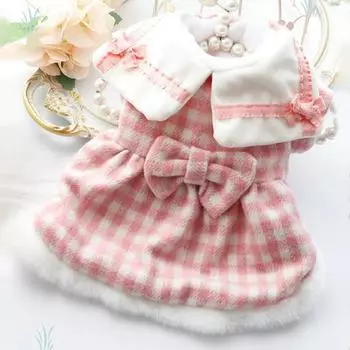 Платье для домашних животных, большой подол, клетчатый принт, нагрудник с бантом, толстый, сохраняющий тепло, принцесса M розовый