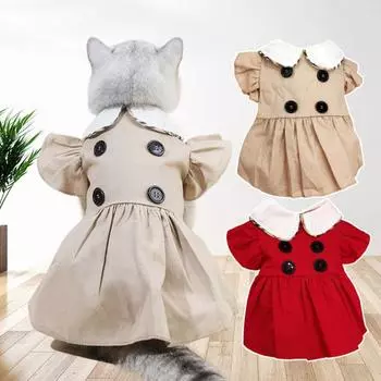 Платье для домашних животных, кукольный воротник, летающие рукава, пуговицы, декор, плиссированные, тонкая маленькая собака L красный