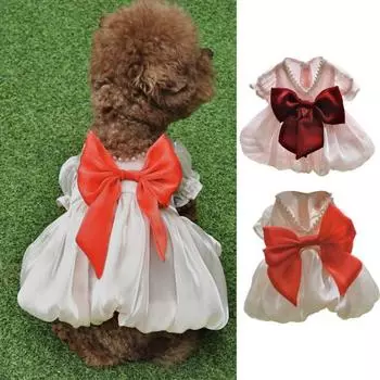 Платье для домашних животных с большим бантом, декор из искусственного жемчуга, очаровательное ветрозащитное дышащее платье, украшение для домашнего животного S абрикосовый