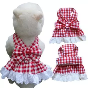 Платье для домашних животных, стильное красное платье в клетку с кружевным подолом, платье принцессы без рукавов с бантом для кошек и собак на весну и лето S красный
