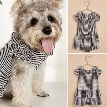 Платье для домашних животных в полоску с летающими рукавами и кнопками, летняя одежда для котят, наряды для собак M черный белый