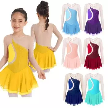 Платье для фигурного катания для девочек, сетчатое платье с цветочным принтом для катания на коньках, трико для балета и танцев, костюм для соревнований 13-14 Years бордовый