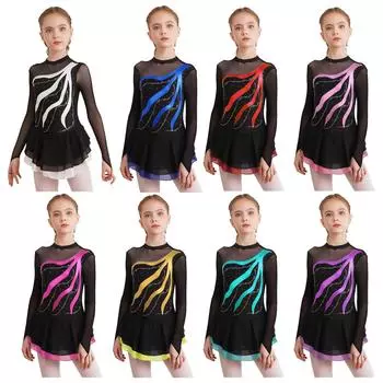 Платье для фигурного катания для девочек, сетчатая пачка, балетная гимнастическая юбка, детское танцевальное платье со стразами и открытой спиной, детская танцевальная одежда 5-6 Years озеро зеленый