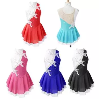 Платье для фигурного катания с блестками и цветочным принтом, детский гимнастический трико для девочек, бальный костюм для балета, лирическая одежда для выступлений 7-8 Years светло-синий