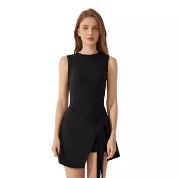 Платье для йоги «два в одном» для похудения — спортивная майка со вшитыми шортами, юбка для фитнес-бега с завязками на талии, нескользящая надежная конструкция для тренировок в теннисном зале S чёрный