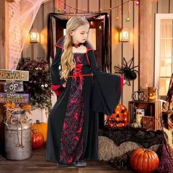 Платье для косплея для девочек с колье в готическом стиле, костюм ведьмы на Хэллоуин, подходящее по цвету платье трапециевидной формы с принтом и длинными рукавами-колокольчиками S чёрный/красный
