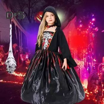 Платье для косплея для девочек с колье в готическом стиле, костюм ведьмы на Хэллоуин, принт скелета, с капюшоном, цветные плиссированные одинаковые длинные рукава, трапециевидной формы M чёрный/красный