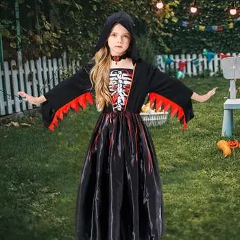 Платье для косплея для девочек с чокером в готическом стиле, костюм ведьмы на Хэллоуин с принтом скелета, капюшоном, плиссированными в тон, с длинными рукавами, А-силуэта L чёрный/красный
