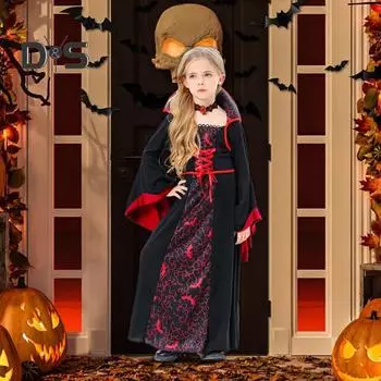 Платье для косплея для девочек с колье в готическом стиле, костюм ведьмы на Хэллоуин, подходящее по цвету платье трапециевидной формы с принтом и длинными рукавами-колокольчиками S чёрный/красный