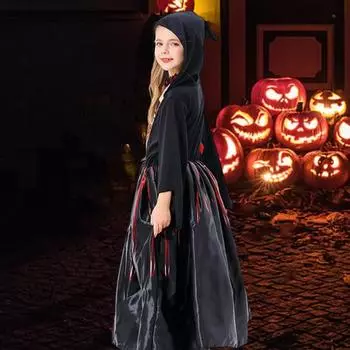 Платье для косплея для девочек в готическом стиле, костюм на Хэллоуин, чокер с принтом скелета и капюшоном M чёрный/красный