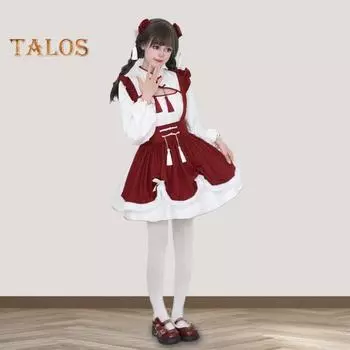 Платье для косплея в стиле горничной в стиле Лолиты, платье для ролевых игр, ажурная сборка, контрастный цвет, кисточки, бант, плиссированное мини-платье А-силуэта, костюм для новогодней вечеринки XXL вино красного