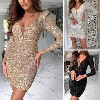 Платье для леди-клуба с V-образным вырезом, пайетками и длинным рукавом, эластичное облегающее платье в сеточку, лоскутное, для знаменитостей, банкета, выпускного вечера, коктейльной вечеринки, мини-платье S чёрный