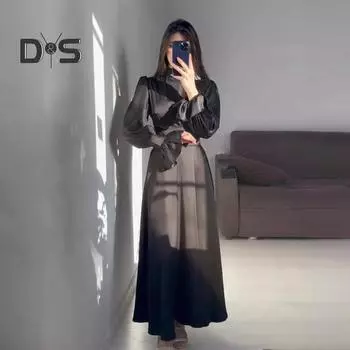 Платье для леди на осень-весну с рукавами-фонариками, узкой талией, воротником-стойкой, однотонным А-силуэтом, плиссированным, для шопинга, поездок на работу, вечеринок, выпускного вечера, макси-платье XL светло-синий