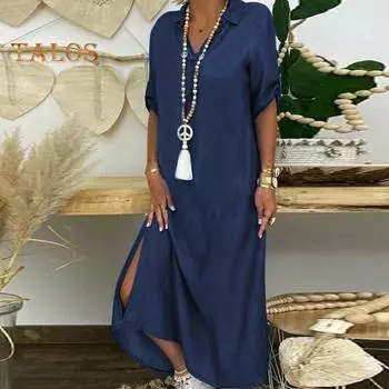 Платье для леди на осень-весну с V-образным вырезом, короткими рукавами, запонками, разрезом по низу, платье больших размеров, однотонные пуговицы, пуловер А-силуэта, повседневная одежда, пляжное макси XXXL темно-синий