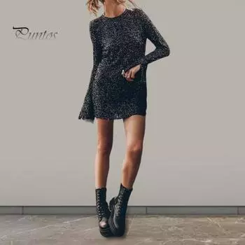 Платье для леди на осень-весну с длинными рукавами-рогами, разрезами на манжетах, круглым вырезом, пайетками, вырезом на спине, свободным мини-платьем для вечеринок, свиданий и клуба S чёрный