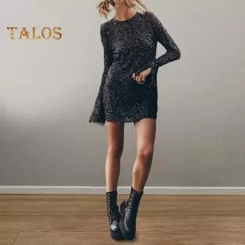 Платье для леди на осень-весну с длинными рукавами-рогами, разрезами на манжетах, круглым вырезом, пайетками, вырезом на спине, свободным мини-платьем для вечеринок, свиданий и клуба S чёрный
